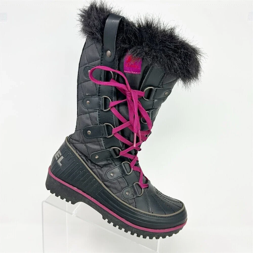 Sorel Tivoli Twist Snow Boots Womens Black Quilted Faux Fur Pink Laces Size 9